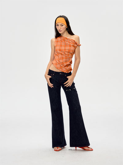Retro Off-shoulder Plaid Top CUR0208
