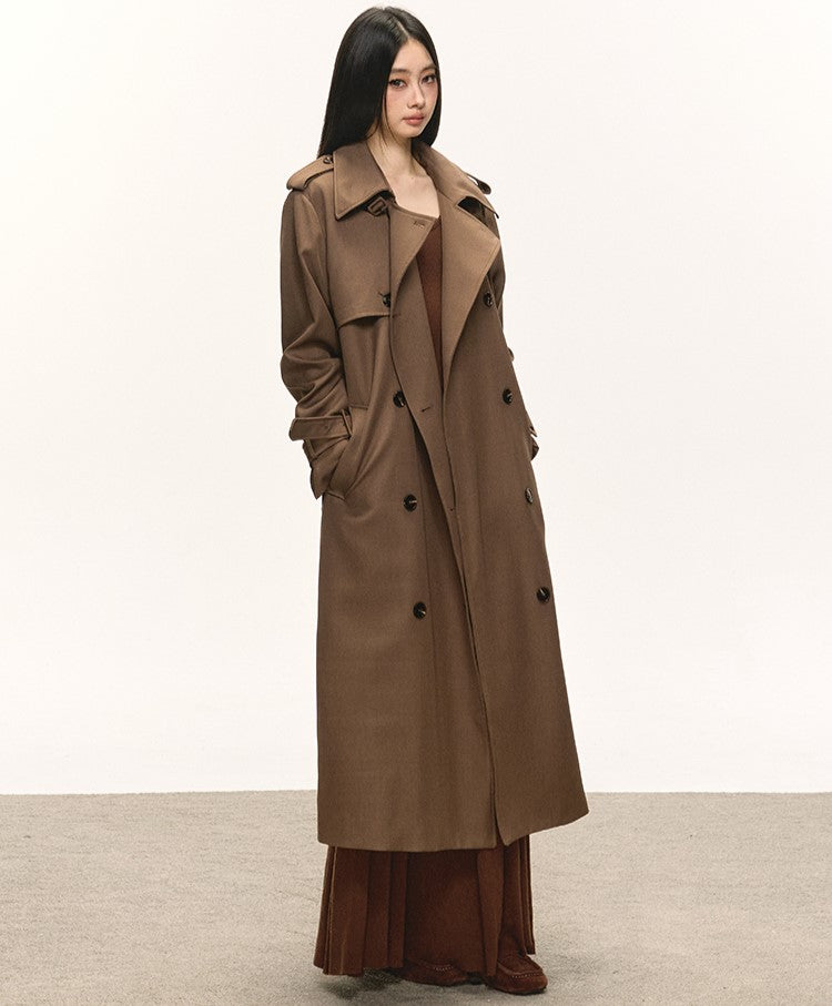Brown Double-Breasted Long Trench Coat ANA0084