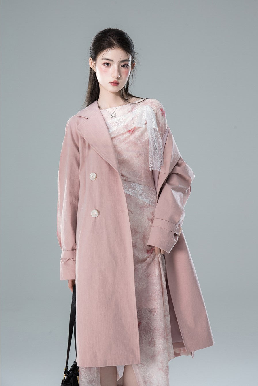 High-sense Lady Buitengewoon Roze Patchwork Raglan Mouwen Trench Coat COT0155