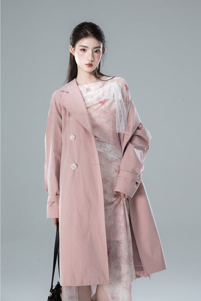 High-sense Lady Extraordinary Pink Patchwork Raglan Sleeve Trench Coat COT0155