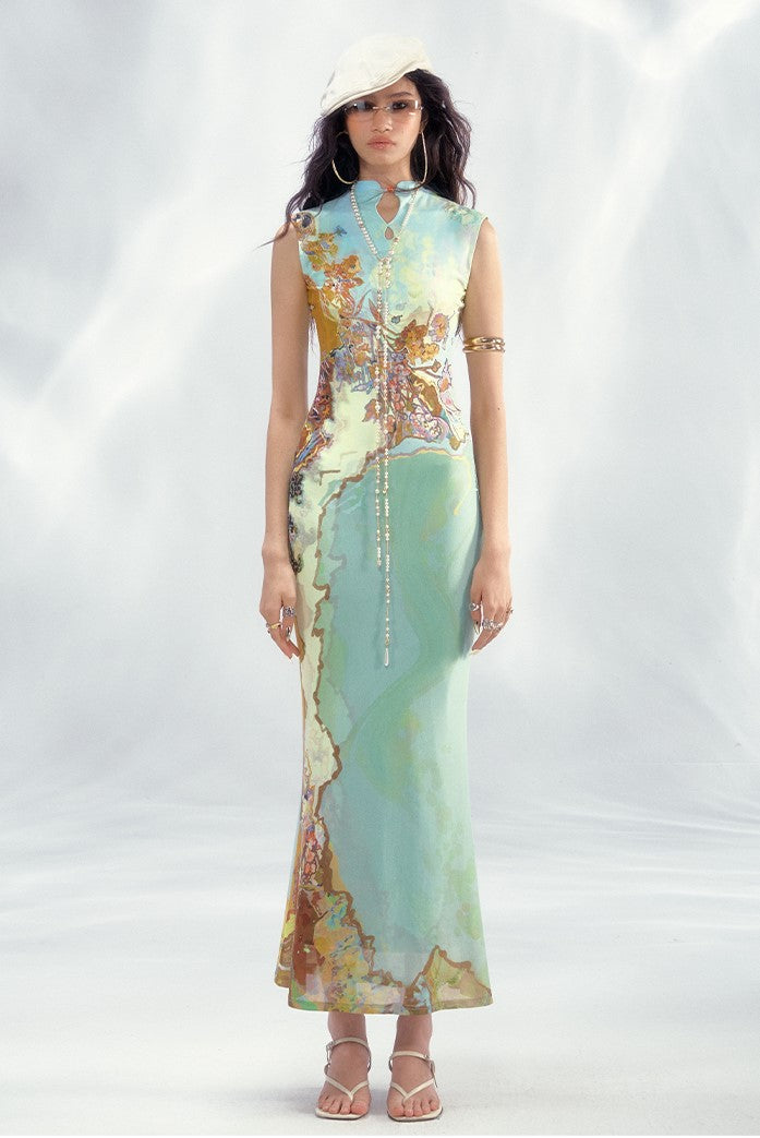 Contrast Color Printed Chinese Dress OFA0245