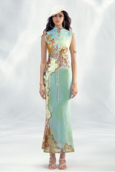 Contrast Color Printed Chinese Dress OFA0245