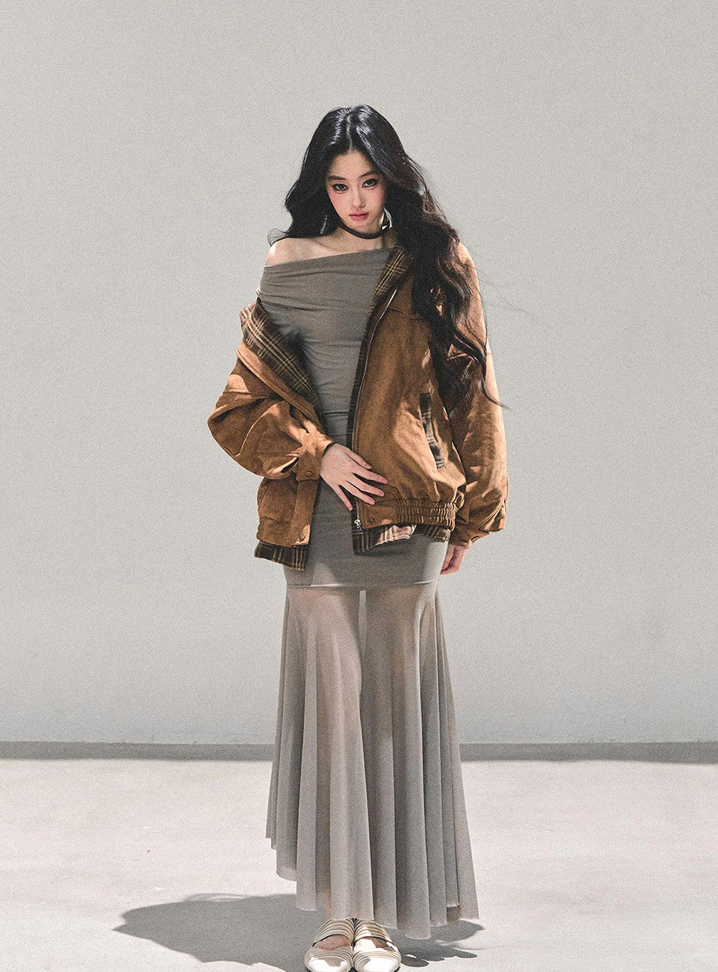 Off-shoulder Slimming Sheer Dress DIA0697