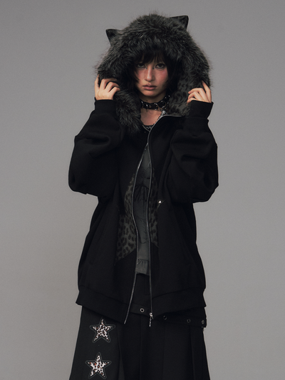 Cat Ear Leopard Print Fur Collar Hooded Jacket FRU0130