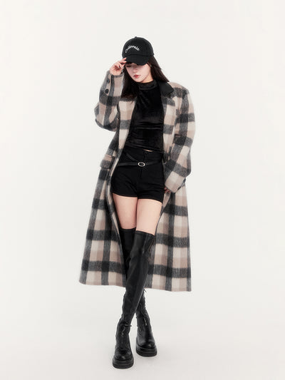 Brown Relaxed Plaid Woolen Long Coat VOC0284