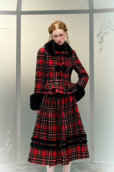 Red And Black Plaid Detachable Fur Collar Jacket/Skirt NAR0014