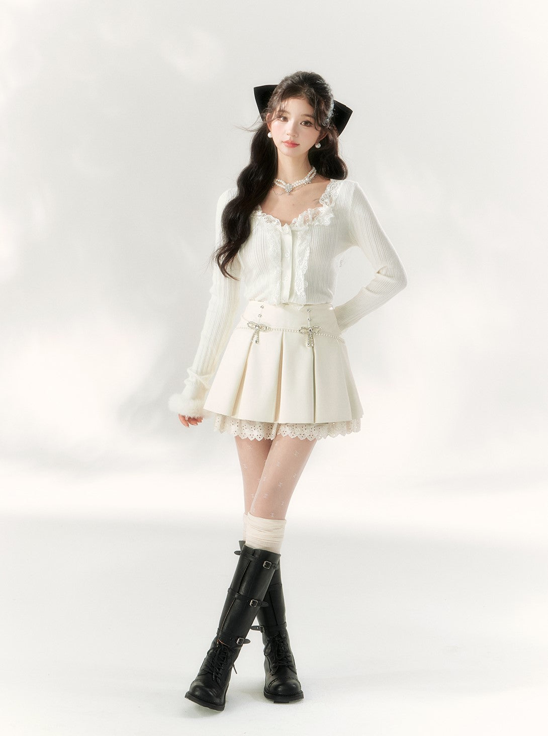 White Diamond Bow Lace Leather Skirt BBB0098