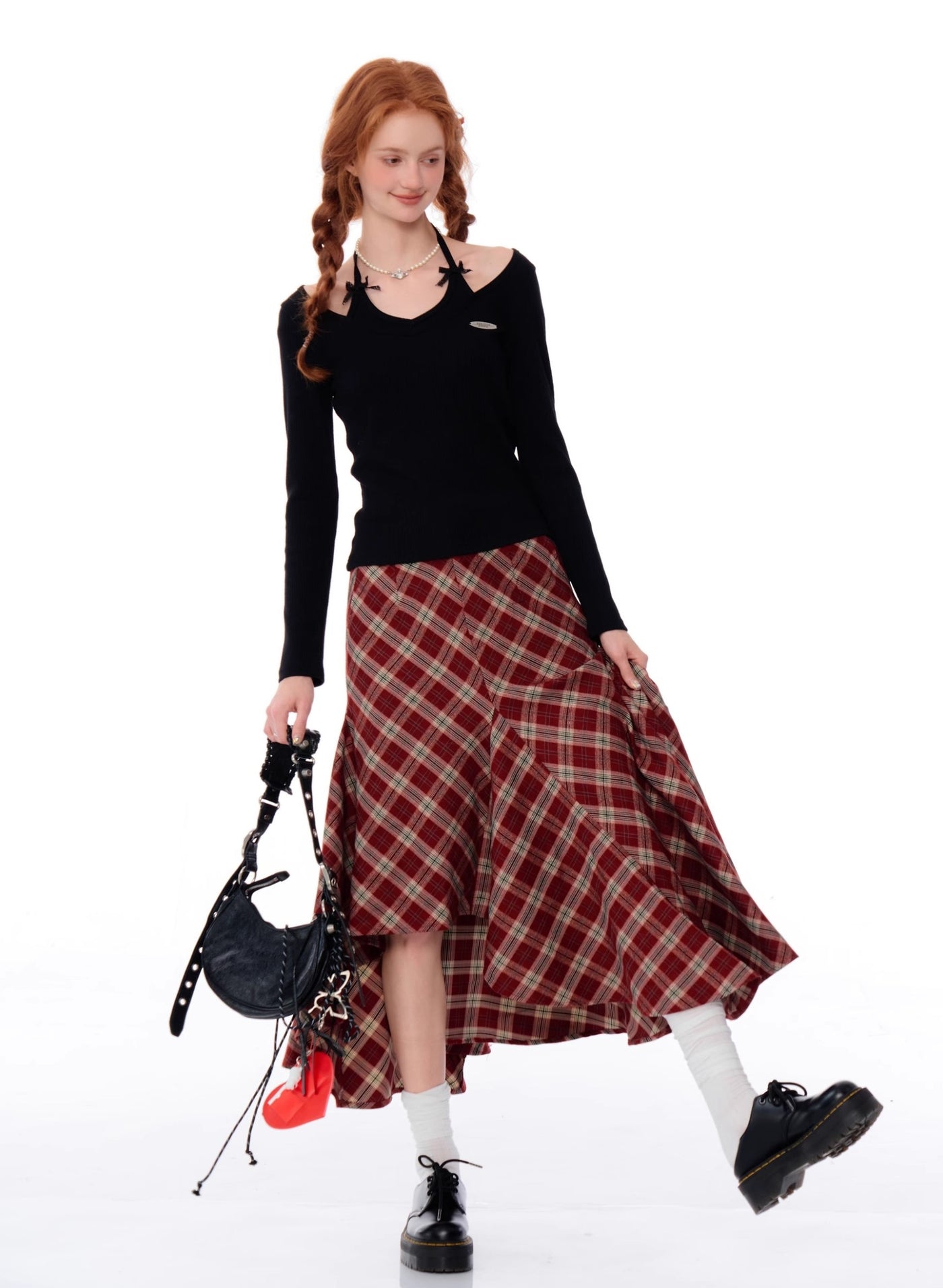 Retro High Waist Slim Medium Long Irregular Red Plaid Skirt ZIZ0190