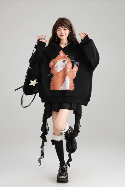 Cat Printed Loose Hooded Black Sweatshirt/Skirt KEI0181