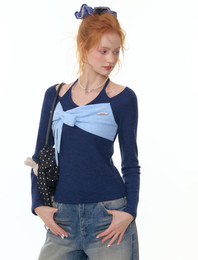 Contrast Color Stitching Bow Tie Sweater ZIZ0300