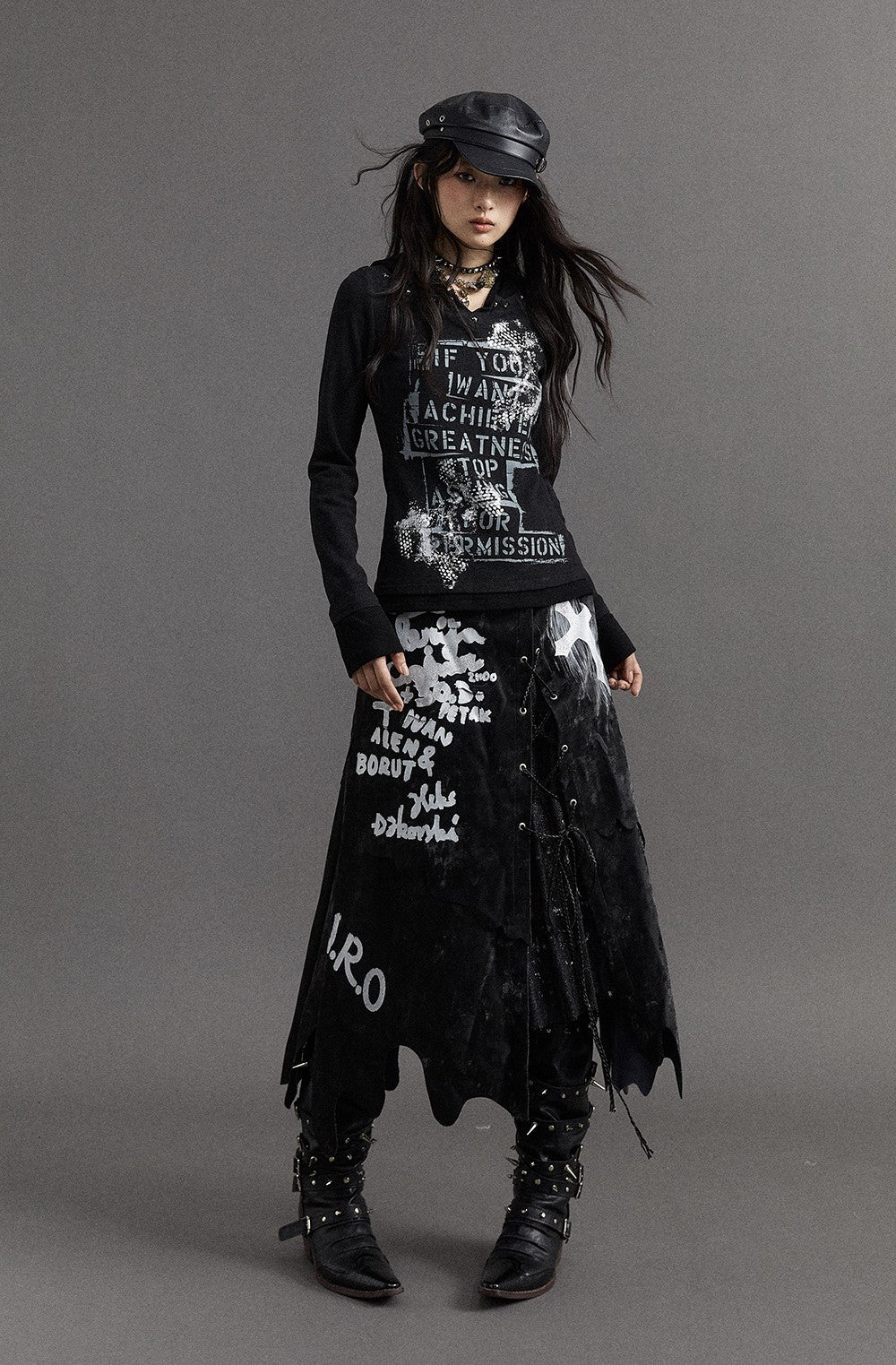 Punk Street Dark Print Lace Irregular Leather Long Skirt NOR0120