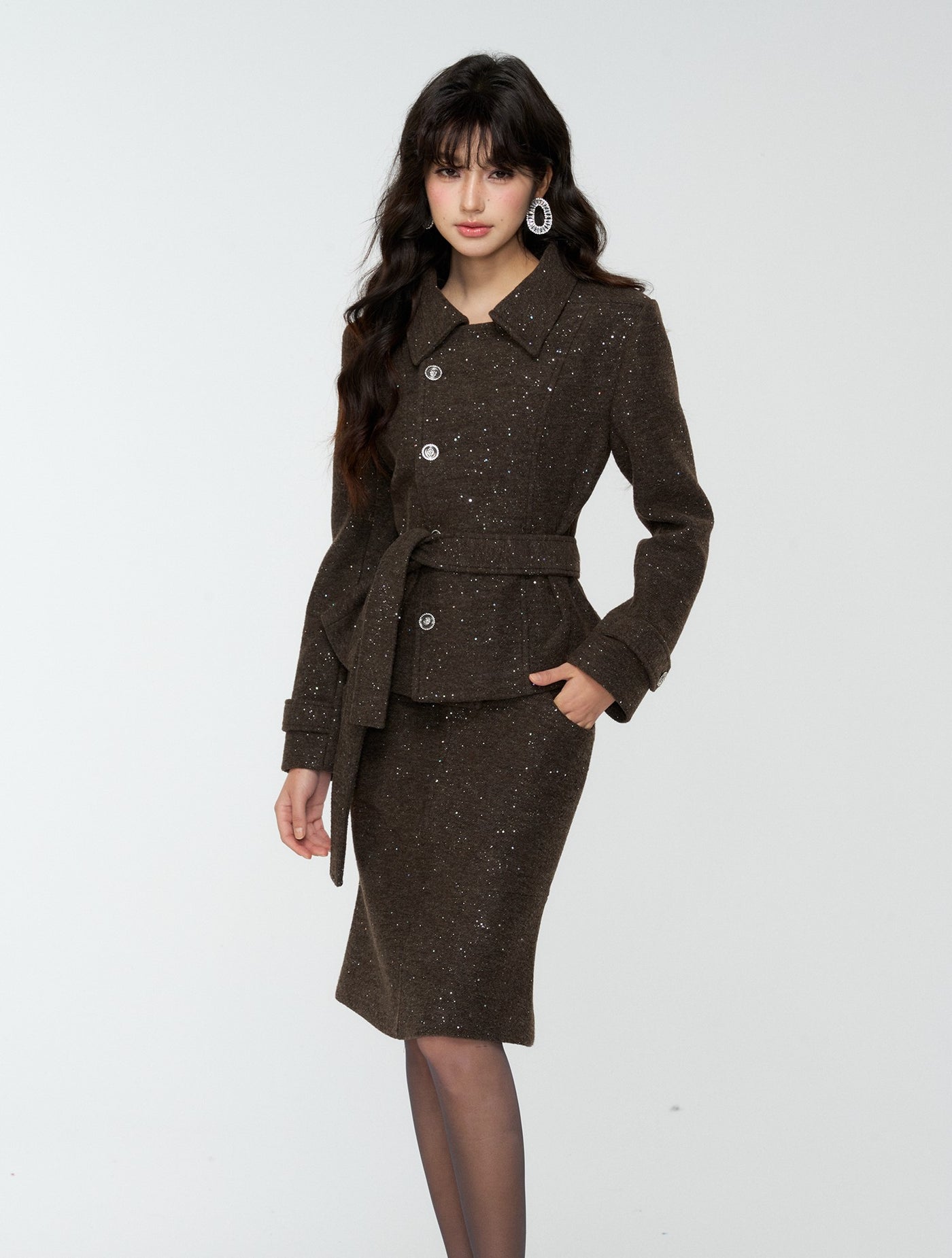 Dark Brown Sequined Jacket/Short Skirt/Midi Skirt 4MU0184