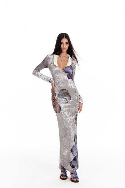 Orchid Print Velvet Fishtail Dress 4MU0085