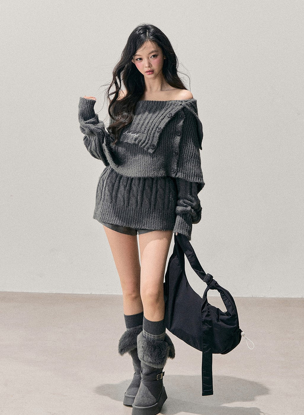 Gray Off-Shoulder Loose Sweater DIA0723