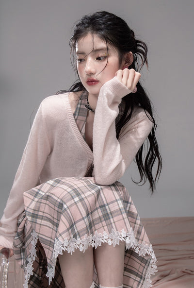 Cherry Pink Plaid Halter Neck Dress COT0341