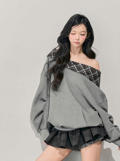 Off-Shoulder Plaid Sweatshirt DIA0765