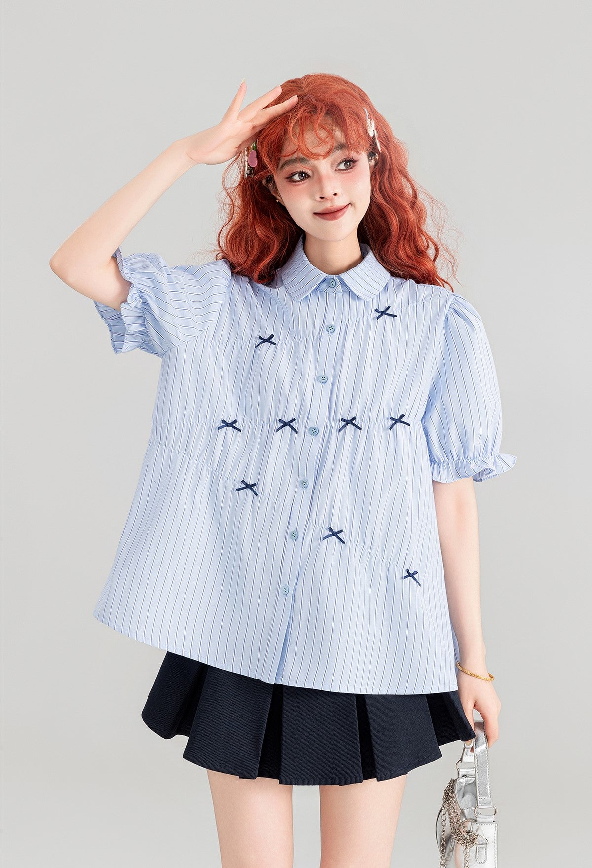 Blue Striped Puff Short-sleeved Shirt/Skirt KEI0090