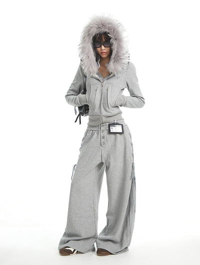 Fur Collar Hooded Sweatshirt Jacket/Pants UNC0326