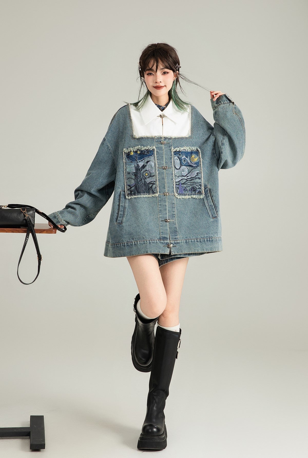 Literary Style Embroidered Denim Casual Jacket/Black Long Skirt KEI0122