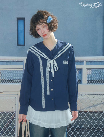 Navy Collar Lace Long-sleeved Shirt ZIZ0299