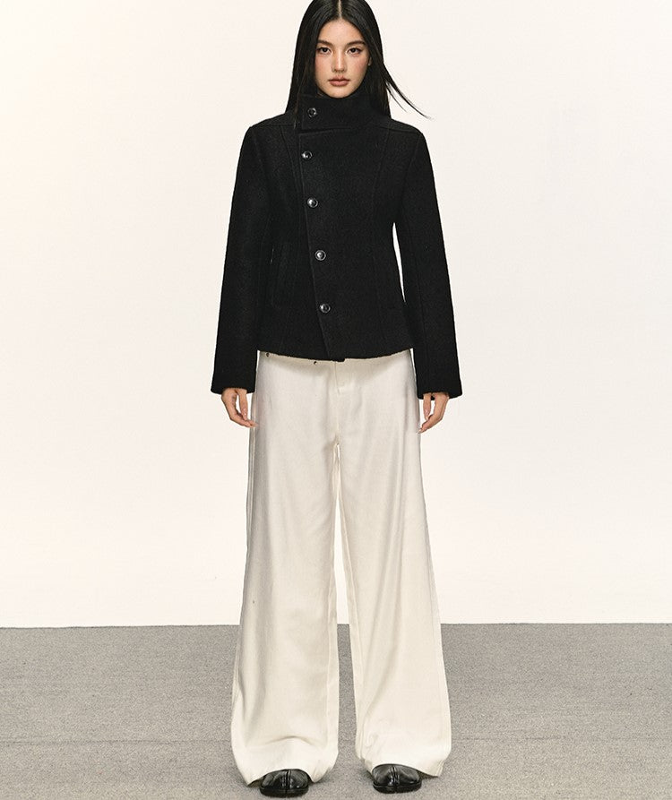 Double-Faced Stand Collar Black Short Coat ANA0076