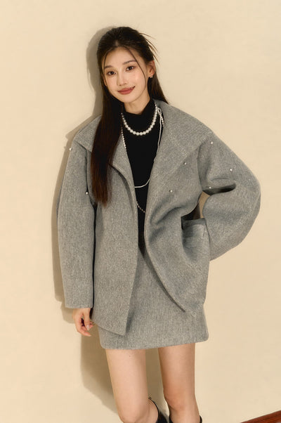 Grey High-end Beaded Loose Wool Jacket/Skirt OSH0088