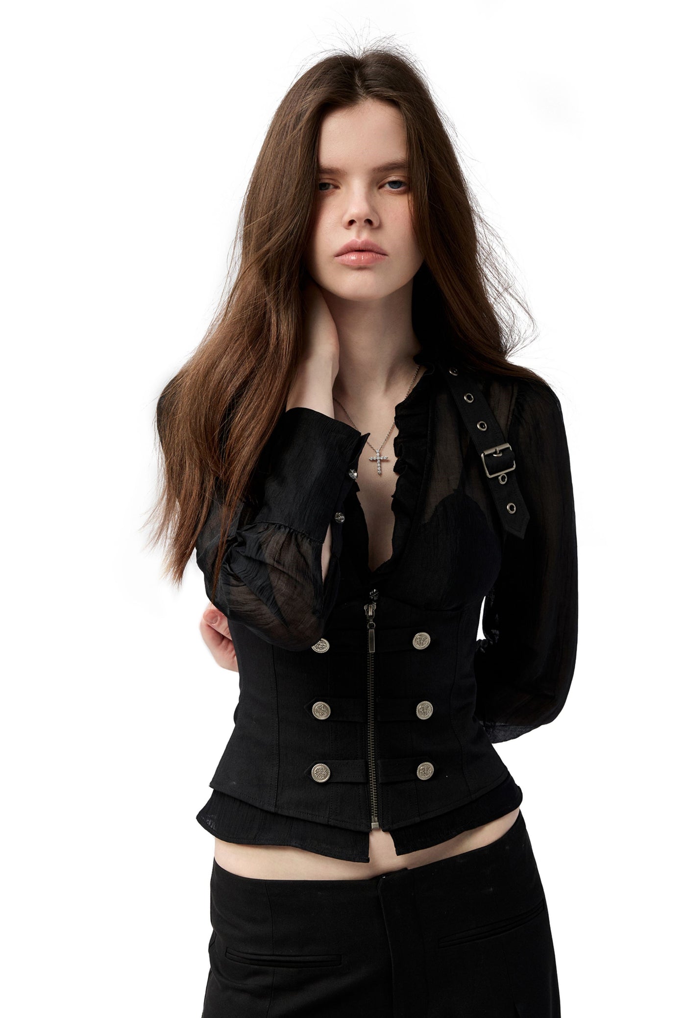 Ruffled V-neck Shirt/Lace-up Vest 4MU0150