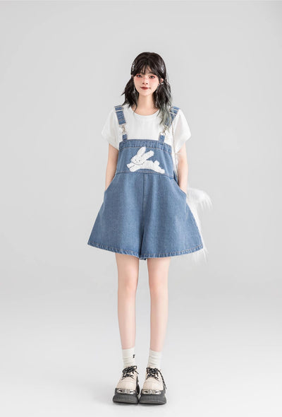 Rabbit Print Denim Overalls/White T-shirt KEI0053