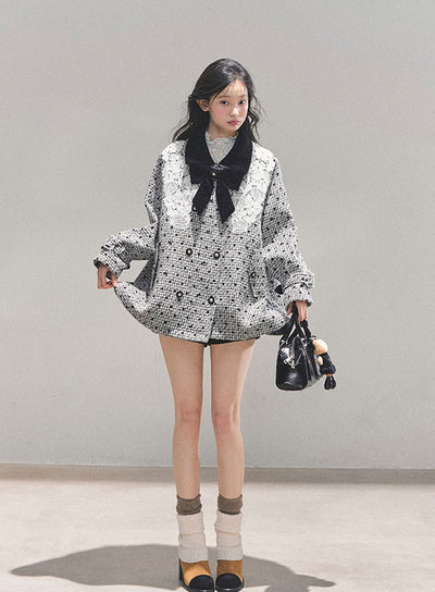 Detachable Bow Lace Plaid Coat DIA0767
