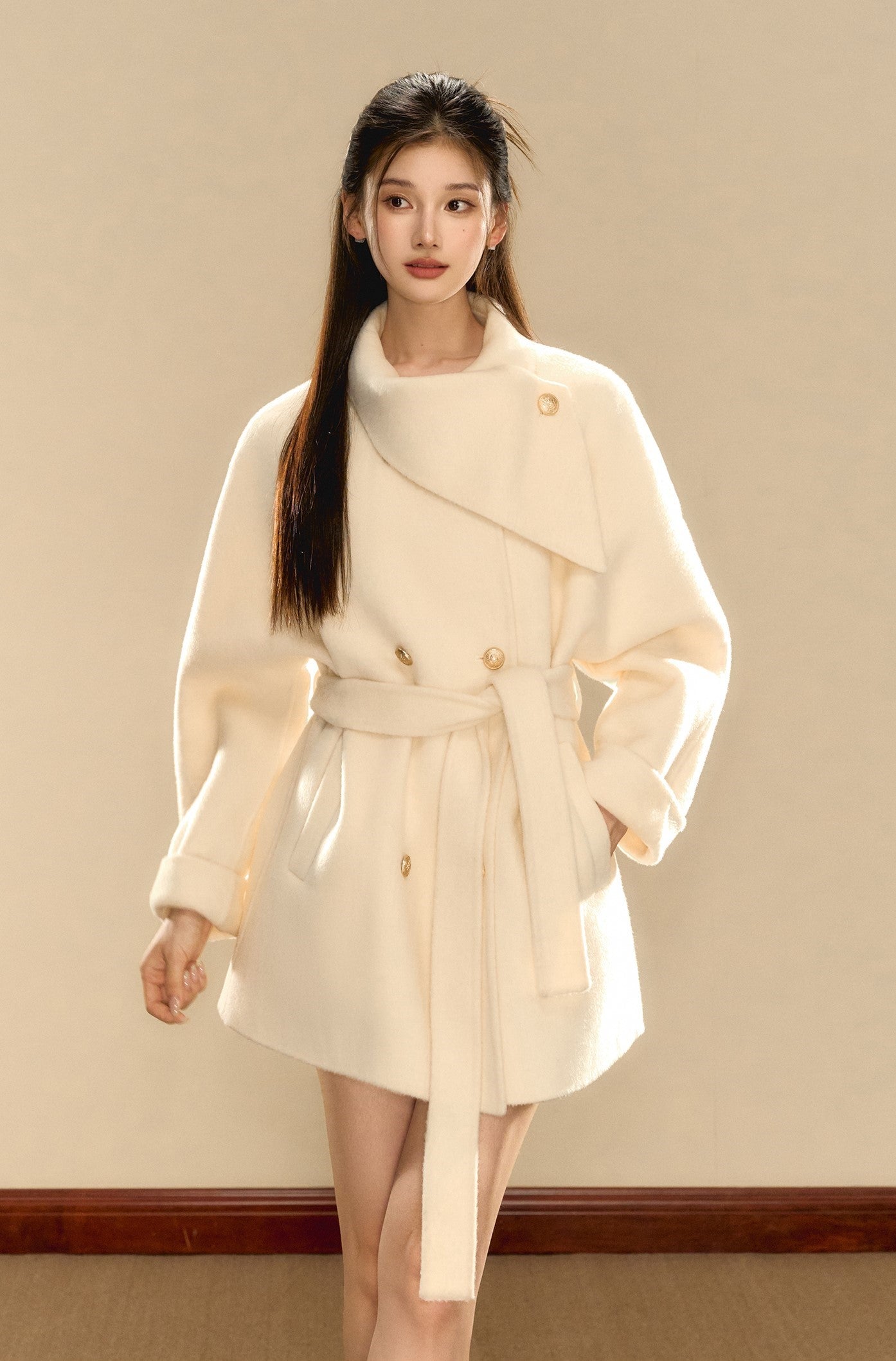 Multi-color Woolen Gold Button Belt Double-sided Coat OSH0074