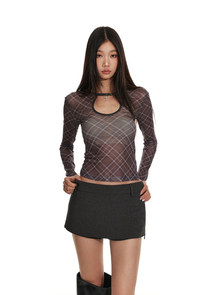 Splicing Plaid Mesh Long-sleeved Top 4MU0058