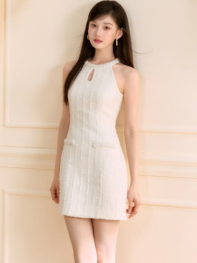 White Halter Neck Beaded Dress OSH0134