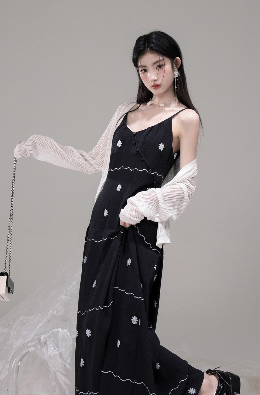 V-neck Shirt+Pleated Black Printed Dress COT0302