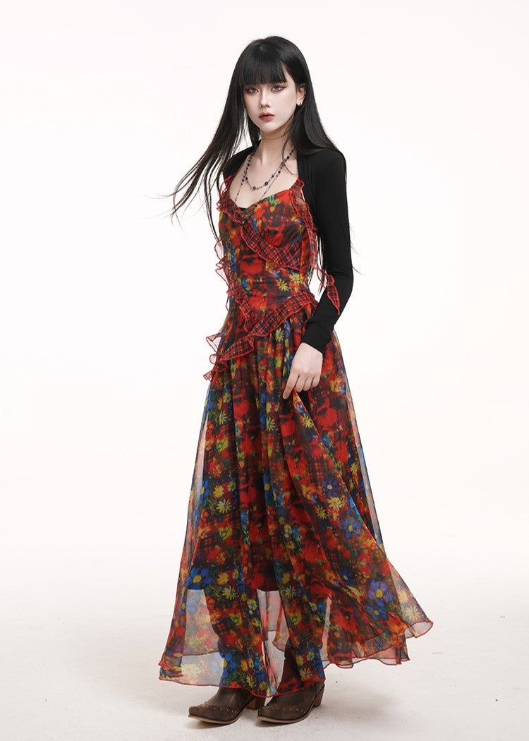Red Floral Suspender Dress LAD0168