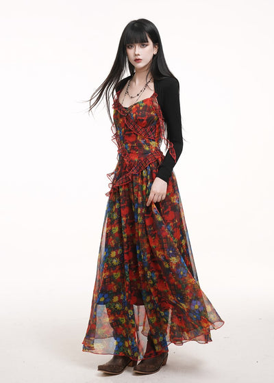 Red Floral Suspender Dress LAD0168