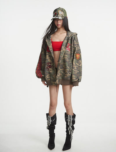 Camouflage Hooded Lazy Zipper Jacket UNC0255