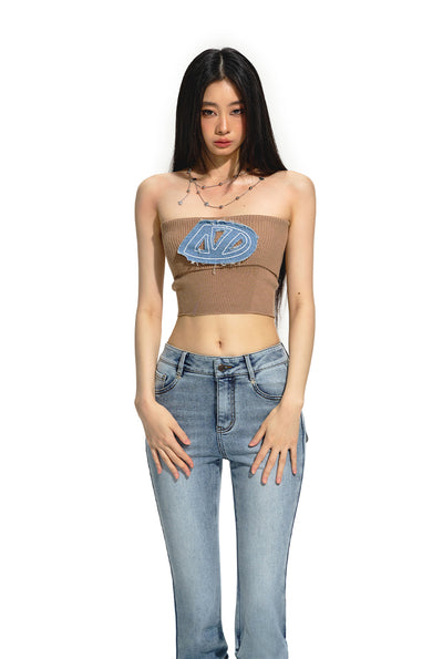 Tight Brushed Silver Denim Embroidered Knit Short Tube Top NOT0193