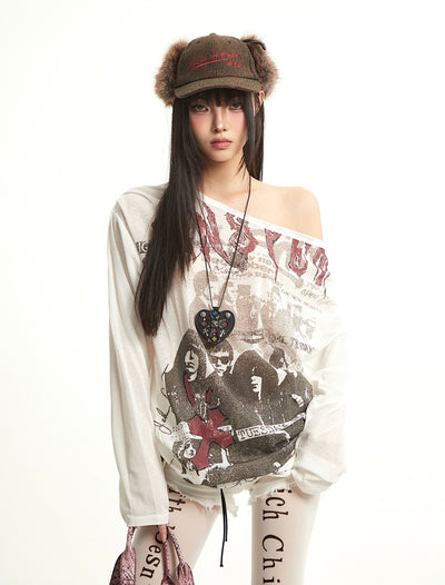 Retro Print Oblique Shoulder T-shirt UNC0289
