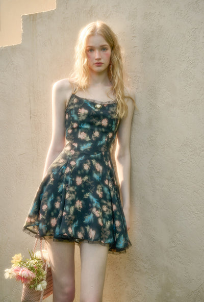 Lace Bowknot Black Printed Dress GRO0157