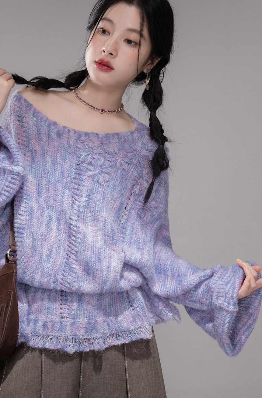 Purple Flower One Shoulder Sweater COT0363