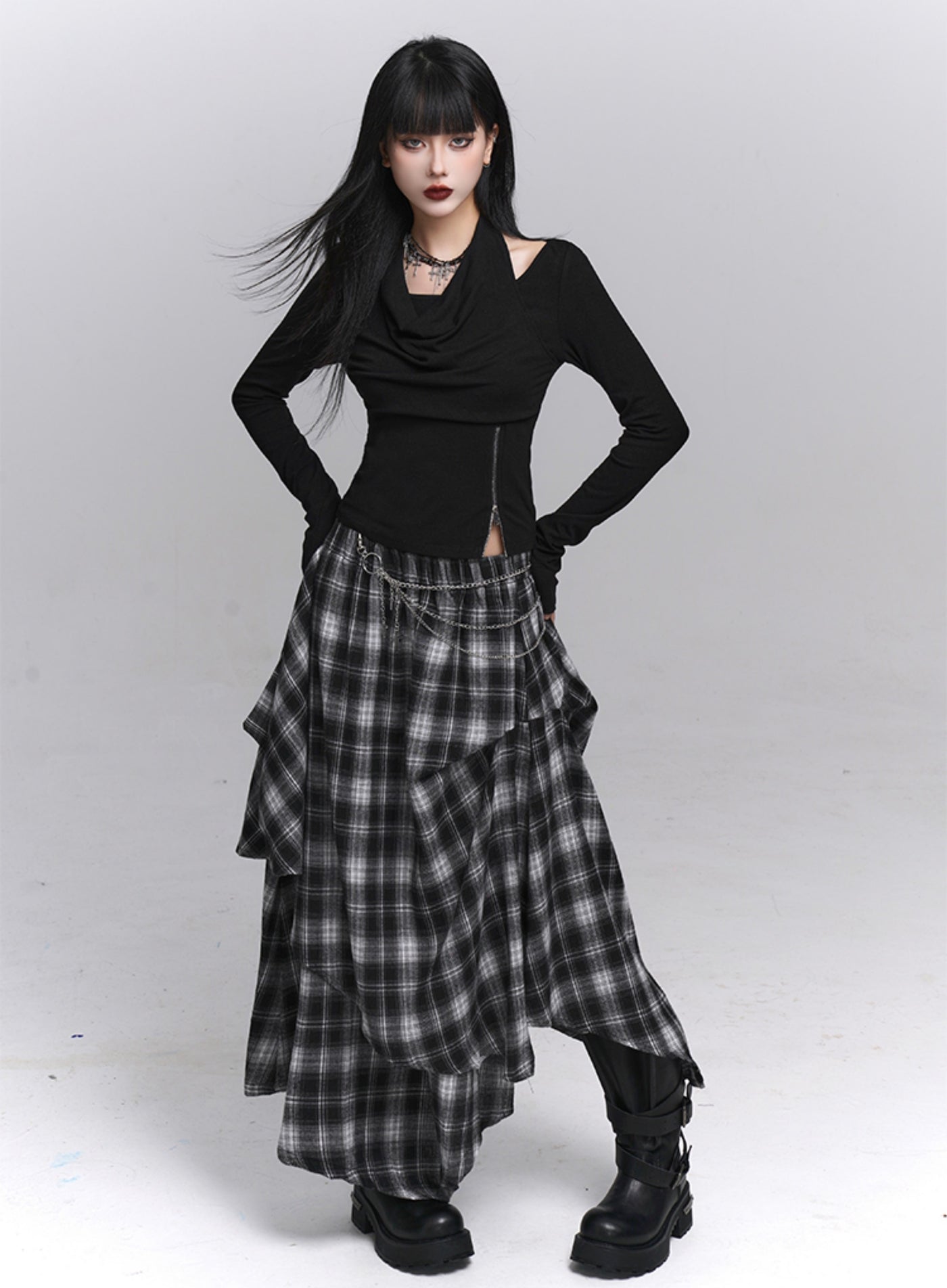 Irregular Plaid Midi Skirt LAD0224