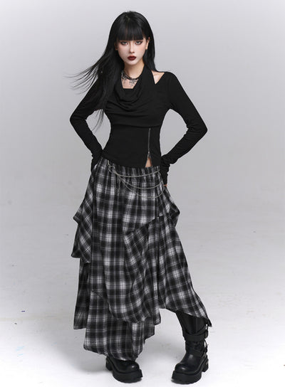 Irregular Plaid Midi Skirt LAD0224