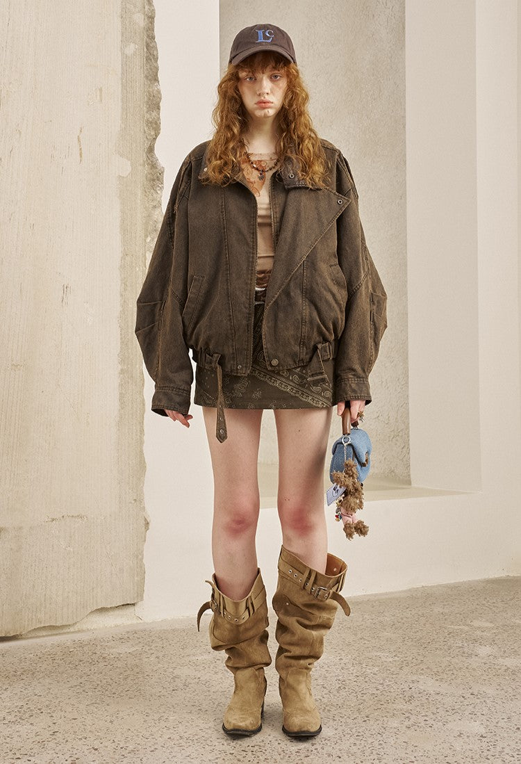 Leather Collar Stitching Denim Retro Jacket DID0222