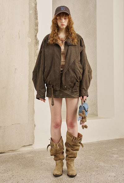 Leather Collar Stitching Denim Retro Jacket DID0222