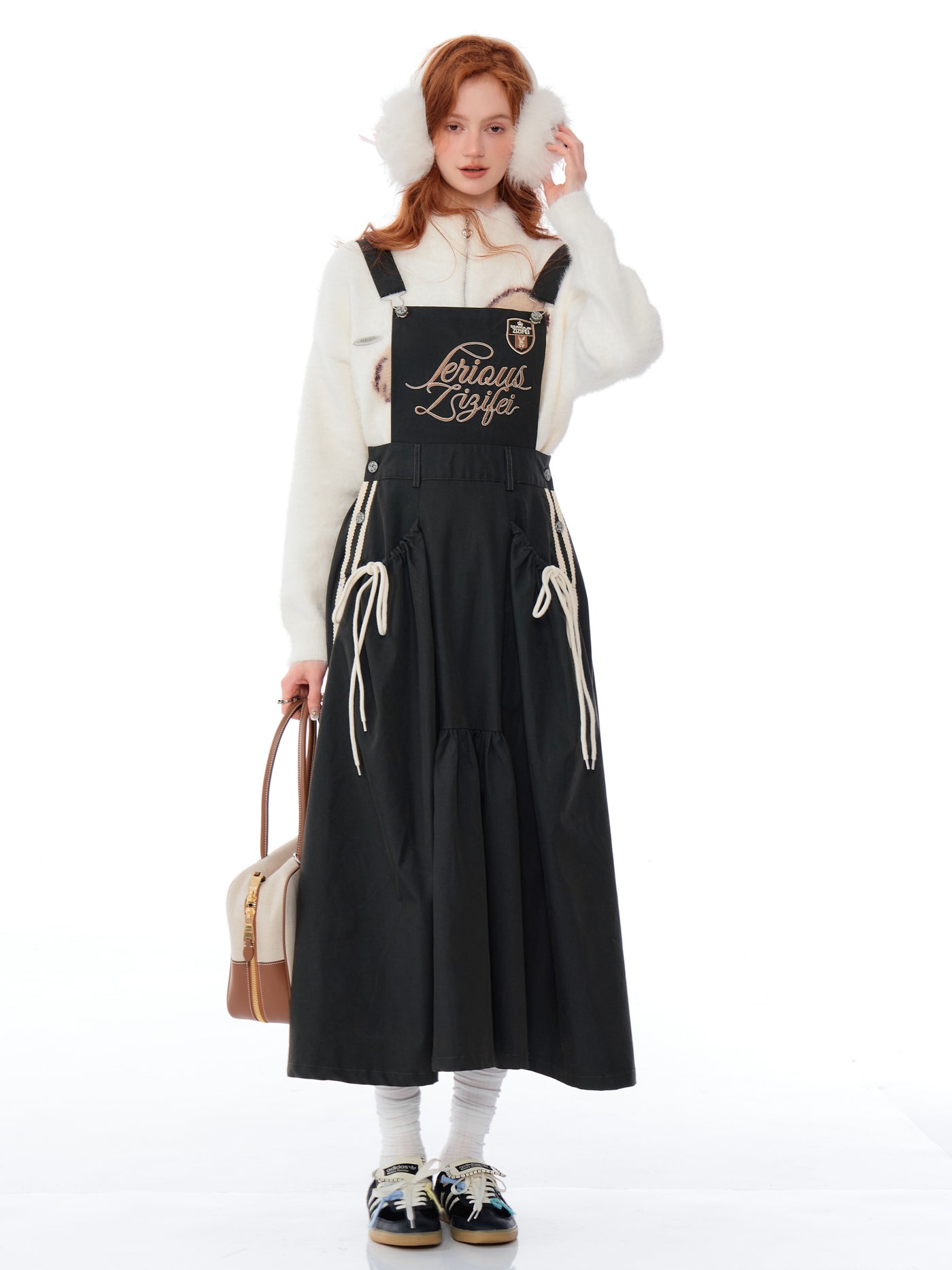 American Retro Design Letter Embroidery Workwear Suspender Dress ZIZ0186