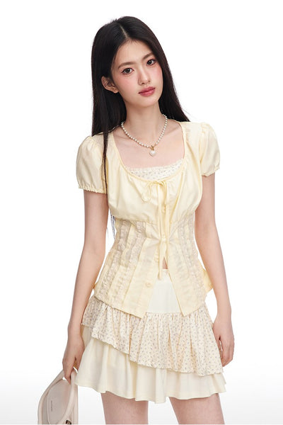 Light Yellow Puff Sleeve Pleated Fake Two-piece Shirt/Cake Skirt NTO0088