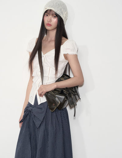 Lapel Lace Puff Sleeve Shirt SOO0001
