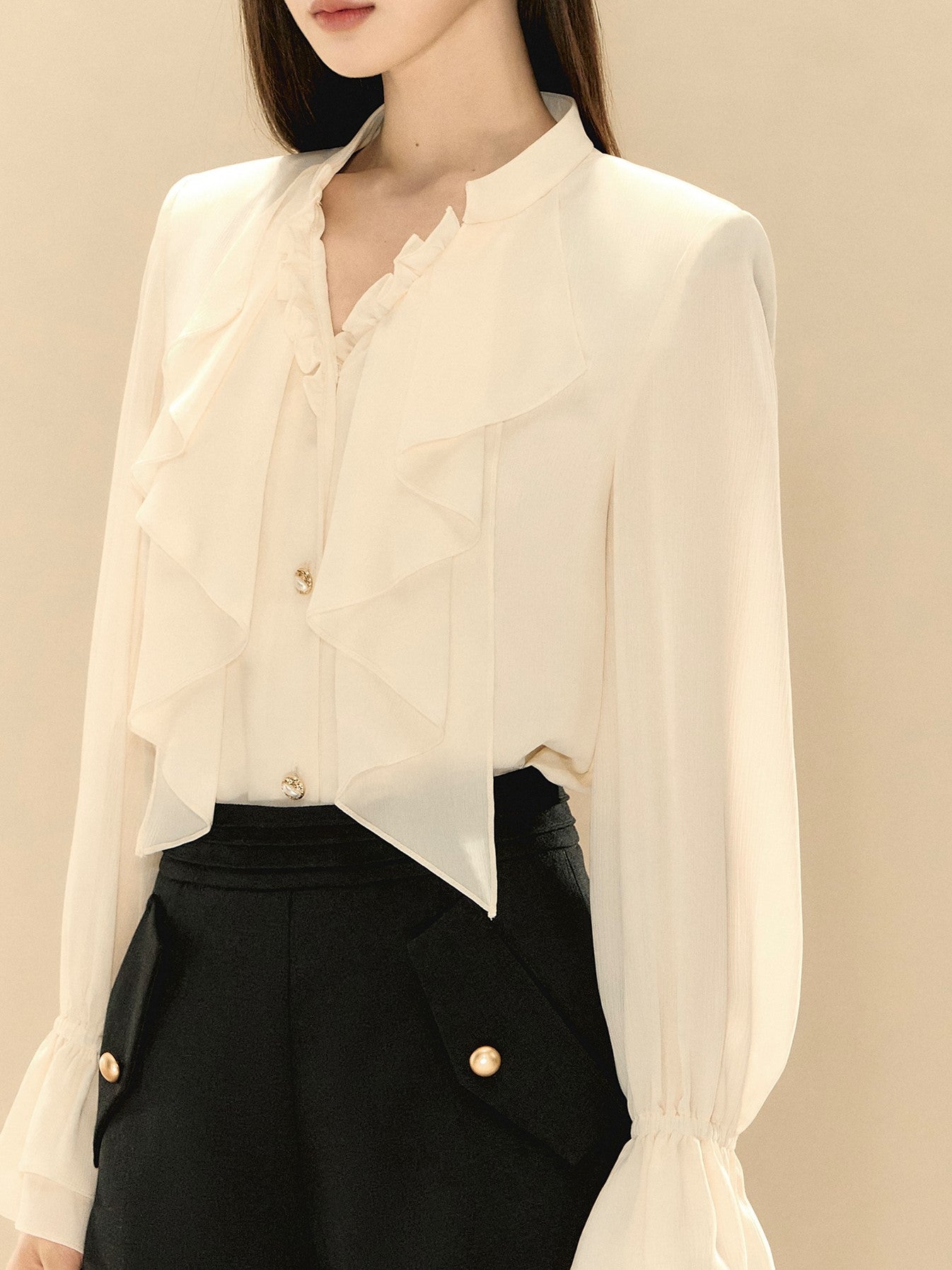 White V-neck Ruffle Shirt OSH0135