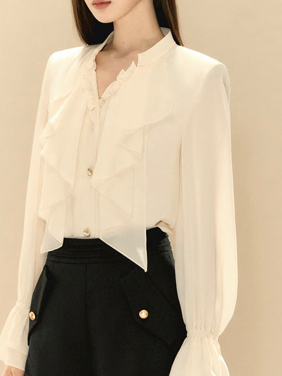 White V-neck Ruffle Shirt OSH0135