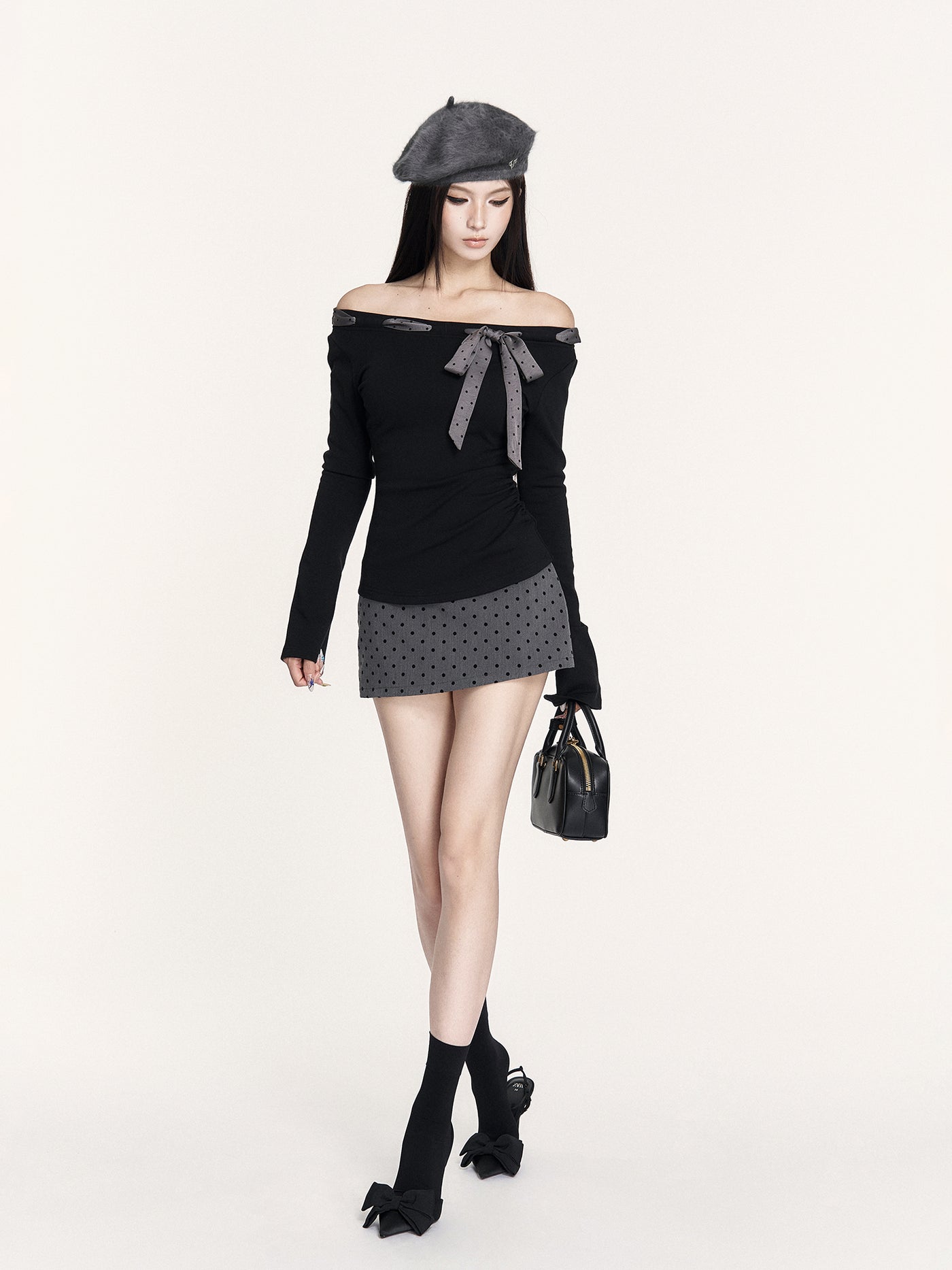 Grey Polka Dot Bow Short Skirt VOC0430